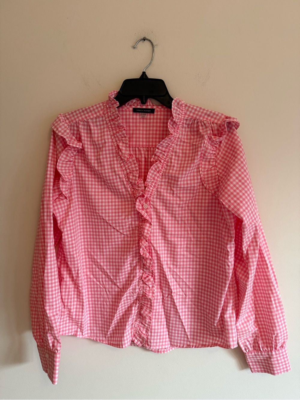 Tommy Hilfiger Pink Gingham Ruffle-Trim Button Down Shirt